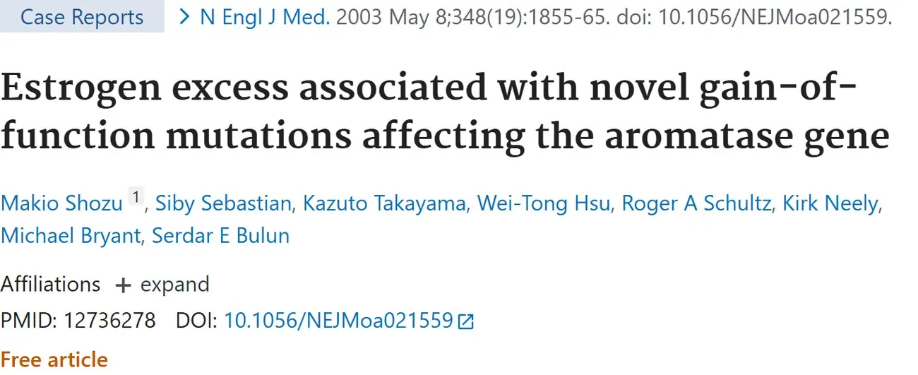 PubMed title: Estrogen excess associated with novel gain-of-function mutations affecting the aromatase gene