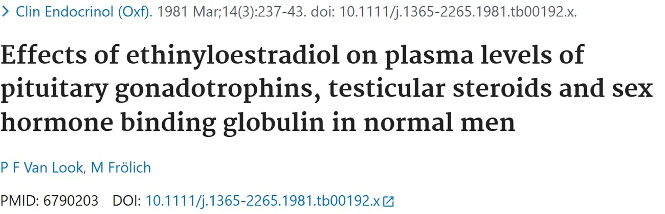 PubMed title: Effects of ethinyloestradiol on plasma levels of pituitary gonadotrophins, testicular steroids and SHBG in normal men