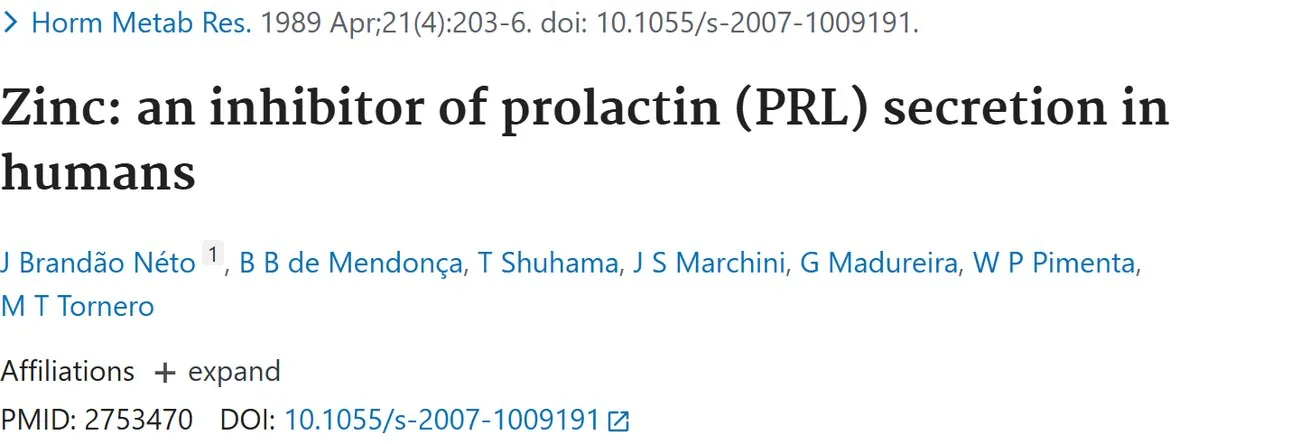PubMed title: Zinc: an inhibitor of prolactin (PRL) secretion in humans