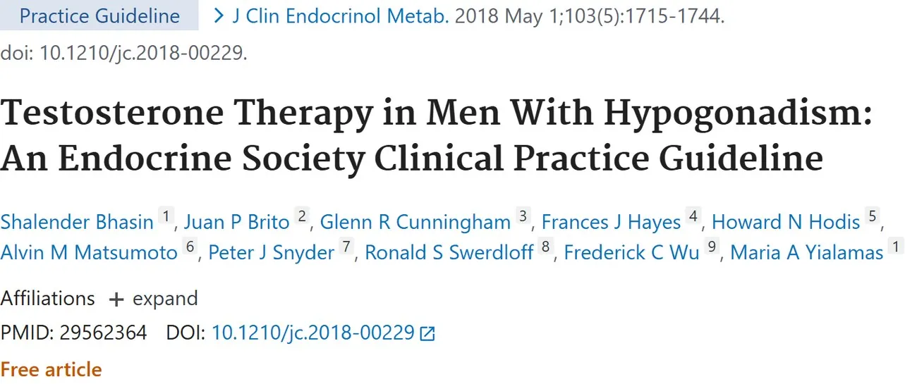 PubMed title: Testosterone Therapy in Men With Hypogonadism: An Endocrine Society Clinical Practice Guideline