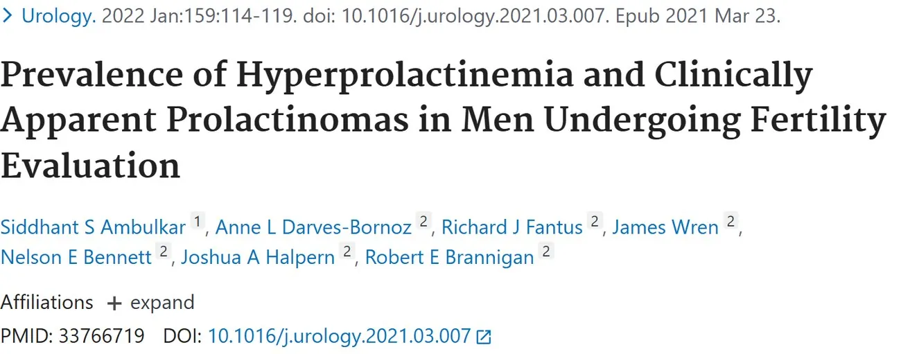 PubMed title: Prevalence of Hyperprolactinemia and Clinically Apparent Prolactinomas in Men Undergoing Fertility Evaluation