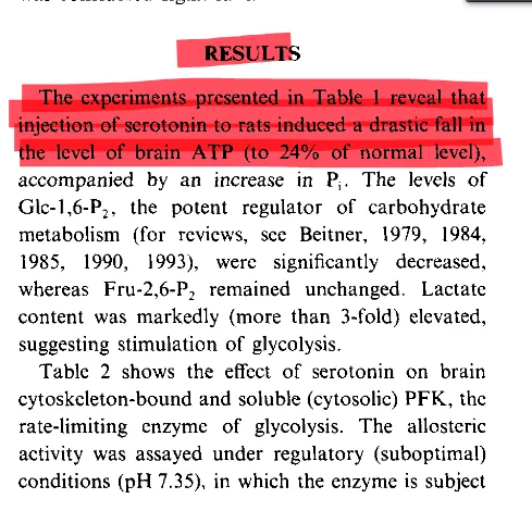 Results text: a drastic fall in the level of brain ATP to 24% of normal level
