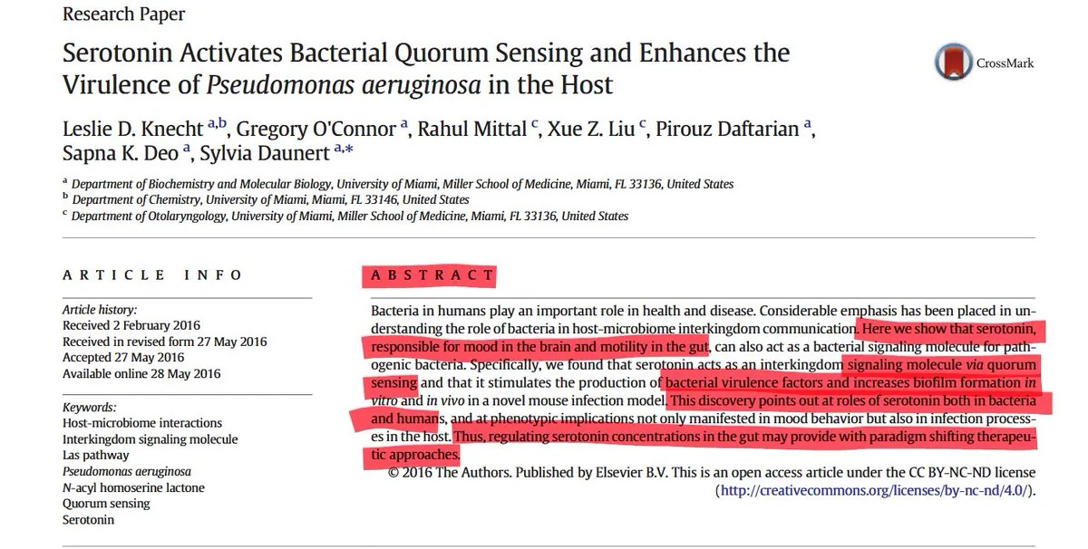 Serotonin activates bacterial quorum sensing and enhances the virulence of Pseudomonas aeruginosa in the host