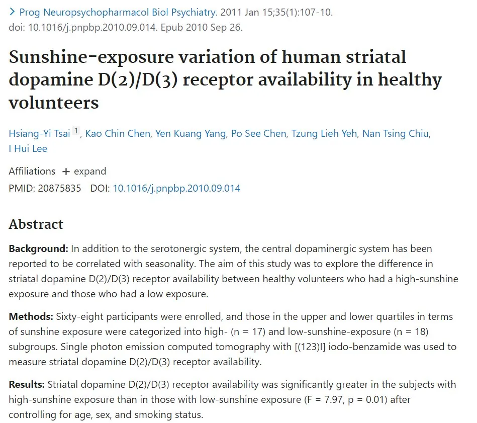 PubMed: Sunshine-exposure variation of human striatal dopamine D(2)/D(3) receptor availability in healthy volunteers