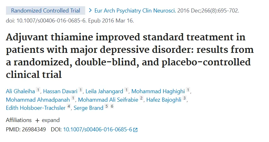 PubMed: Adjuvant thiamine improved standard treatment in patients with major depressive disorder: results from a randomized, double-blind, and placebo-controlled clinical trial