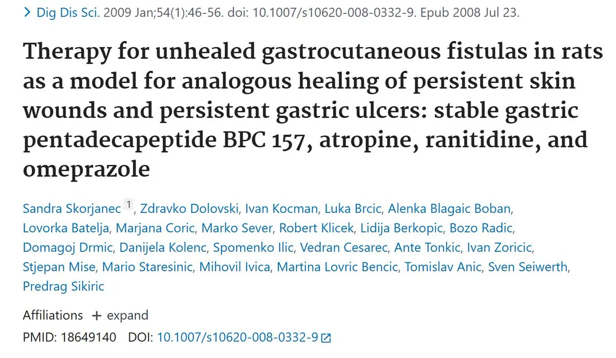 PubMed: Therapy for unhealed gastrocutaneous fistulas in rats as a model for analogous healing of persistent skin wounds and persistent gastric ulcers: stable gastric pentadecapeptide BPC 157, atropine, ranitidine, and omeprazole