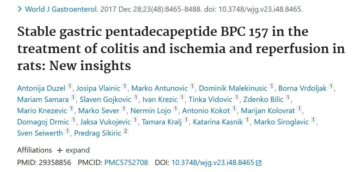 PubMed: Stable gastric pentadecapeptide BPC 157 in the treatment of colitis and ischemia and reperfusion in rats: New insights