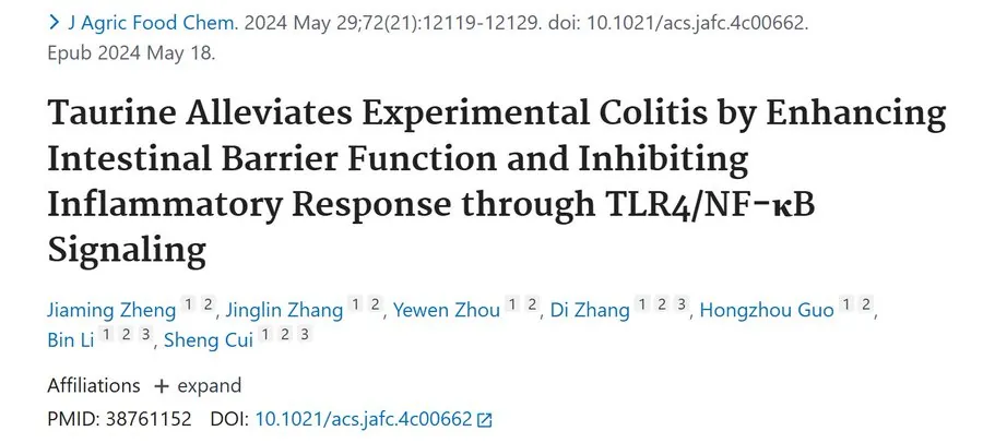 PubMed: Taurine Alleviates Experimental Colitis by Enhancing Intestinal Barrier Function and Inhibiting Inflammatory Response through TLR4/NF-κB Signaling