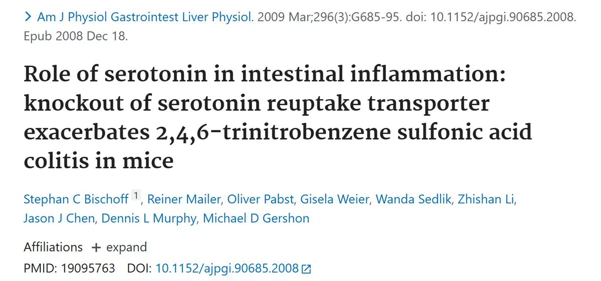 PubMed: Role of serotonin in intestinal inflammation: knockout of serotonin reuptake transporter exacerbates 2,4,6-trinitrobenzene sulfonic acid colitis in mice