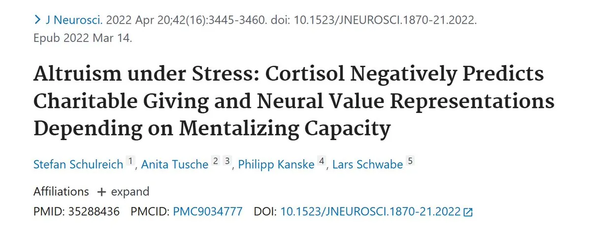 PubMed: Altruism under Stress: Cortisol Negatively Predicts Charitable Giving and Neural Value Representations Depending on Mentalizing Capacity