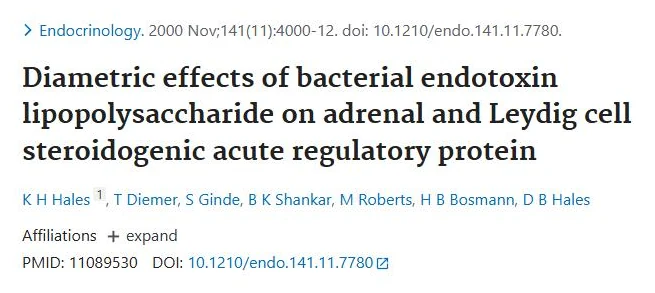 PubMed page of the study "Diametric effects of bacterial endotoxin lipopolysaccharide on adrenal and Leydig cell steroidogenic acute regulatory protein"