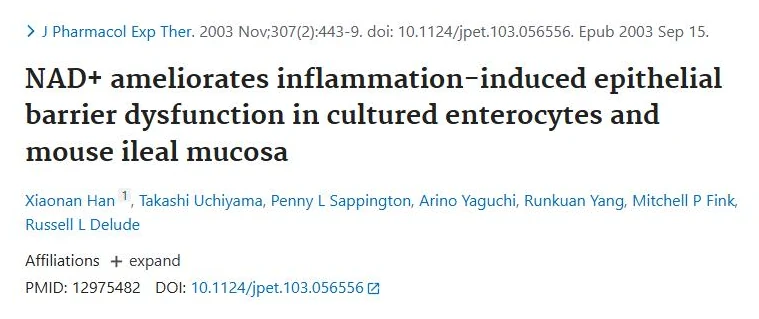 PubMed page of the study "NAD+ ameliorates inflammation-induced epithelial barrier dysfunction in cultured enterocytes and mouse ileal mucosa"