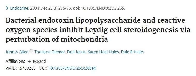 PubMed page of the study "Bacterial endotoxin lipopolysaccharide and reactive oxygen species inhibit Leydig cell steroidogenesis via perturbation of mitochondria"