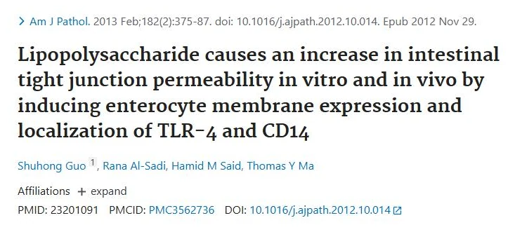 PubMed page of the study "Lipopolysaccharide causes an increase in intestinal tight junction permeability in vitro and in vivo by inducing enterocyte membrane expression and localization of TLR-4 and CD14"