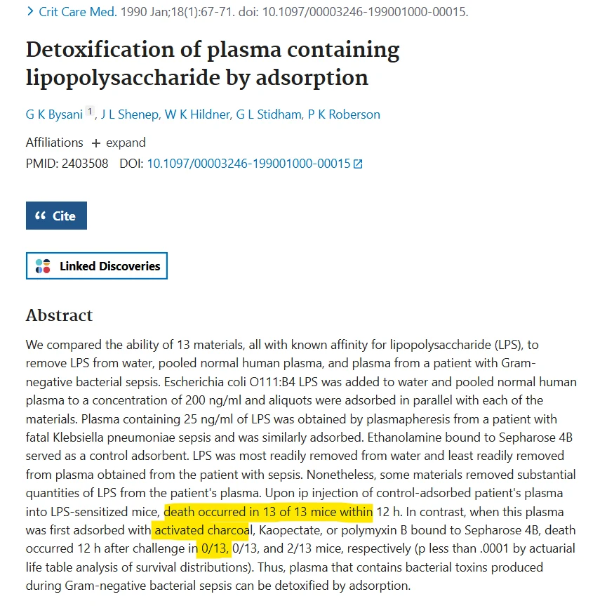 PubMed page of the study "Detoxification of plasma containing lipopolysaccharide by adsorption"