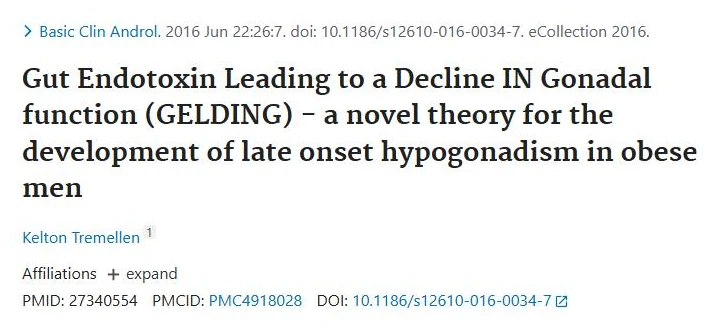 PubMed page of the study "Gut Endotoxin Leading to a Decline IN Gonadal function (GELDING) - a novel theory for the development of late onset hypogonadism in obese men"