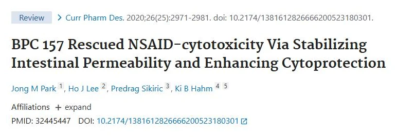 PubMed page of the study "BPC 157 Rescued NSAID-cytotoxicity Via Stabilizing Intestinal Permeability and Enhancing Cytoprotection"