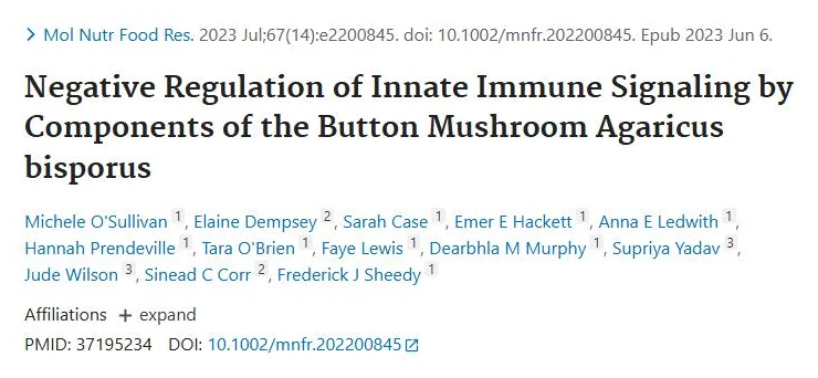 PubMed page of the study "Negative Regulation of Innate Immune Signaling by Components of the Button Mushroom Agaricus bisporus"