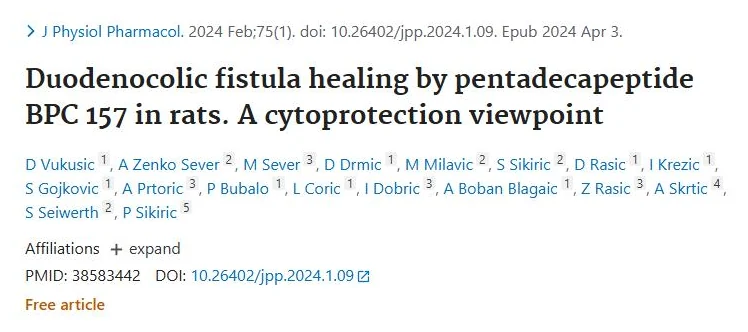 PubMed page of the study "Duodenocolic fistula healing by pentadecapeptide BPC 157 in rats. A cytoprotection viewpoint"