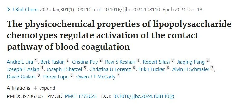 PubMed page of the study "The physicochemical properties of lipopolysaccharide chemotypes regulate activation of the contact pathway of blood coagulation"