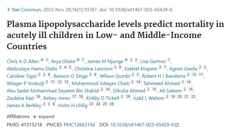 PubMed page of the study "Plasma lipopolysaccharide levels predict mortality in acutely ill children in Low- and Middle-Income Countries"