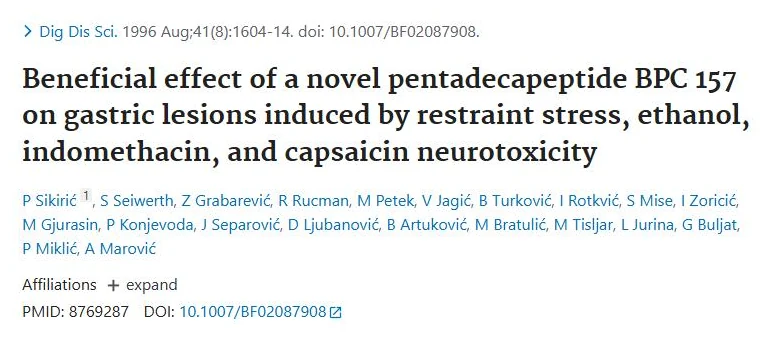 PubMed page of the study "Beneficial effect of a novel pentadecapeptide BPC 157 on gastric lesions induced by restraint stress, ethanol, indomethacin, and capsaicin neurotoxicity"