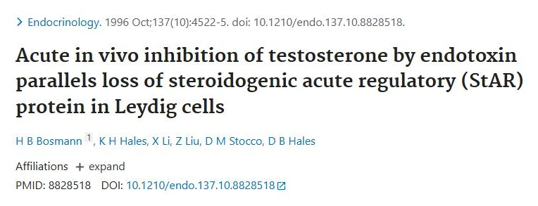 PubMed page of the study "Acute in vivo inhibition of testosterone by endotoxin parallels loss of steroidogenic acute regulatory (StAR) protein in Leydig cells"
